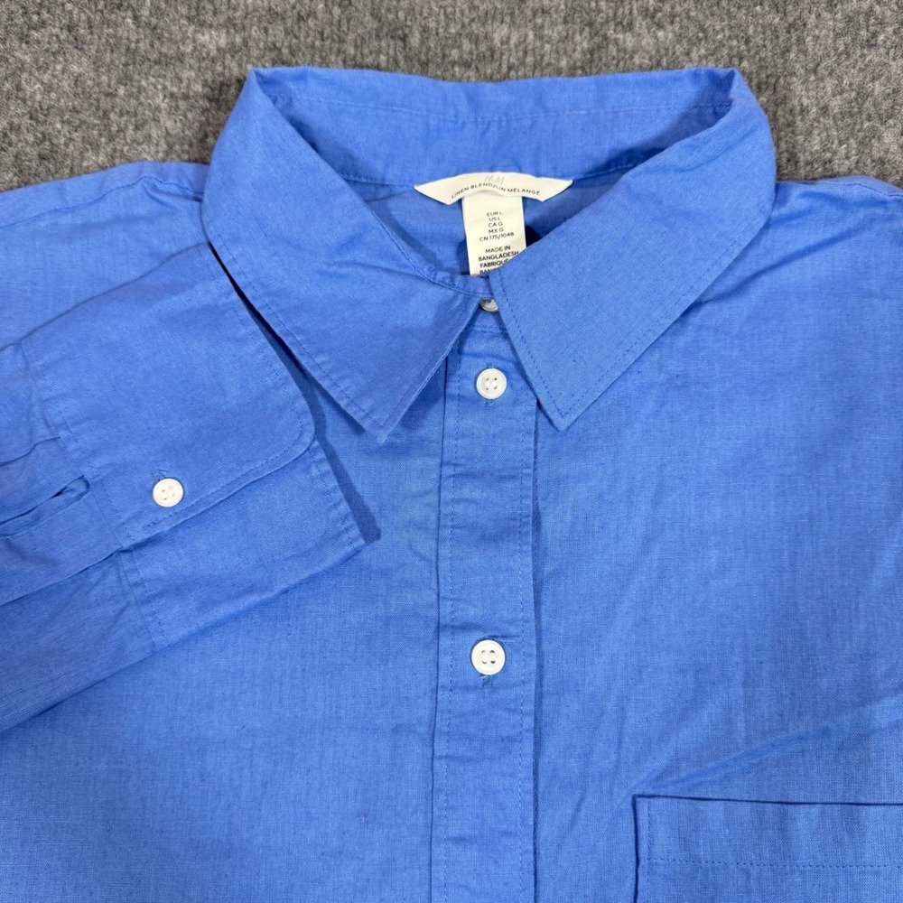 H&M Button Down Shirt Classic Women Large Blue Linen Cotton Blend NWT